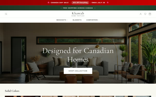 Khawab Home website, premium home textiles designed for Canadian homes