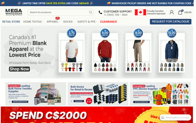 Mega Wholesaler website, Canadian bulk apparel and textiles wholesaler